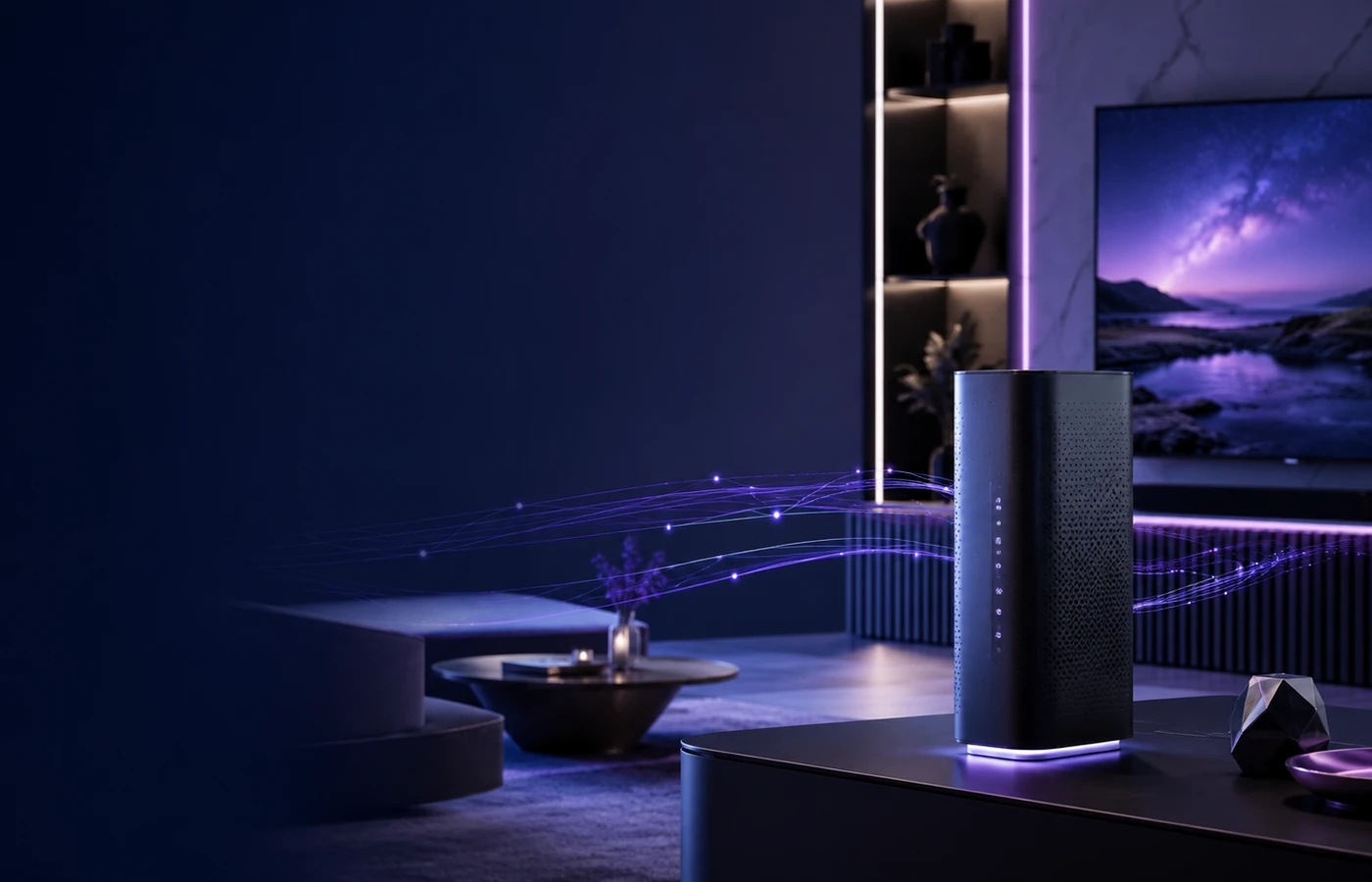 Xfinity internet feature image with connected living room and purple network trails